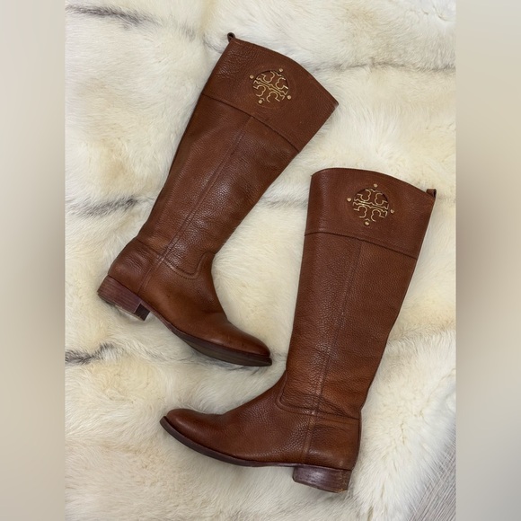 Tory Burch Shoes - TORY BURCH Kiernan Leather Equestrian Riding Boots Light Brown Tan Logo 7.5 EUC